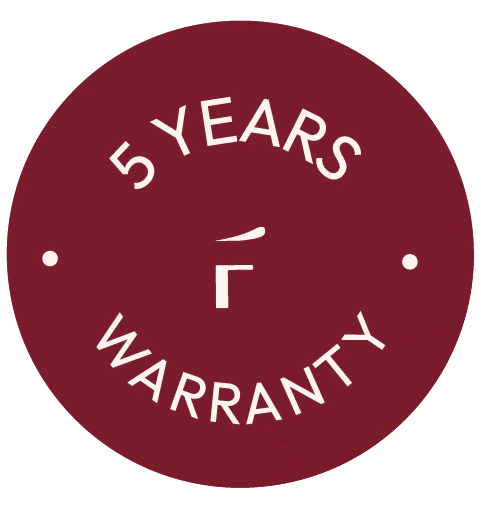 Maroon circular badge with white text reading "5 YEARS WARRANTY" and a simple white logo in the center.