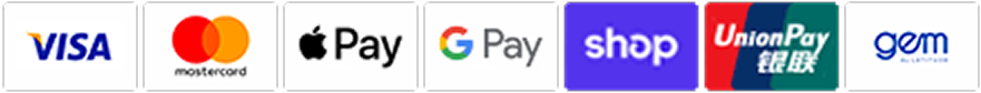 Logos of payment options: Visa, Mastercard, Apple Pay, Google Pay, Shop Pay, UnionPay, and Gem.