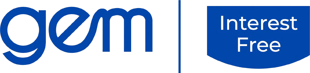 Blue "gem" logo with a vertical line and a blue shield shape containing the words "Interest Free."