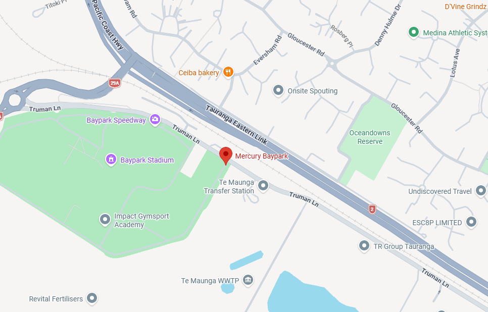 Map showing the area around Mercury Baypark in Tauranga, New Zealand, including Baypark Stadium, Baypark Speedway, Impact Gymsport Academy, and nearby roads such as Truman Lane and Tauranga Eastern Link.